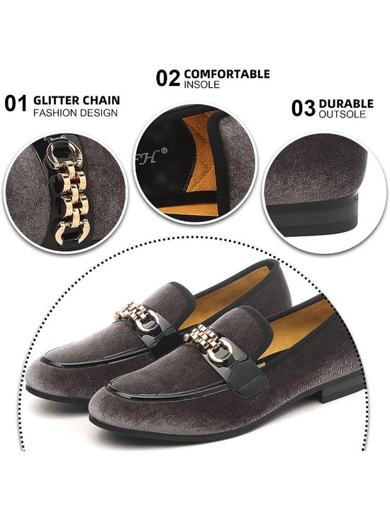 XQWFH Men\'s Gray Coffee Velvet Loafers Gold Chain Buckle Slip On Flats Shoes main image 5